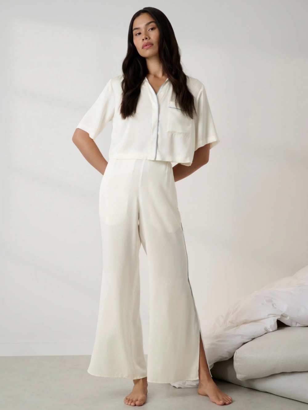 Lunya Bridal Washable Silk Pajama Set Women's Medium High Rise Wide Leg Ivory